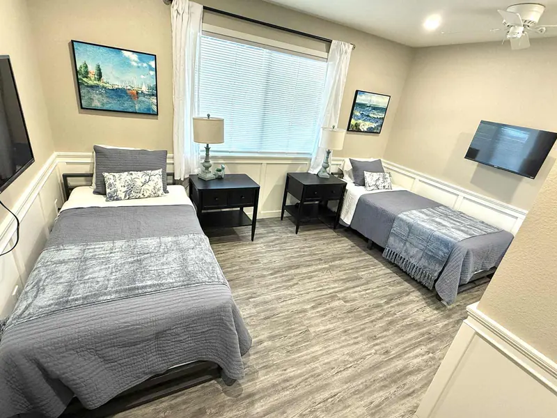 Companionship room with ocean art