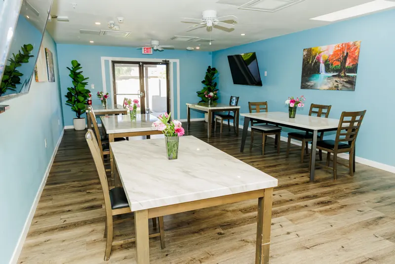 Dining room with garden views at Fountain Assisted Living, Mesa AZ