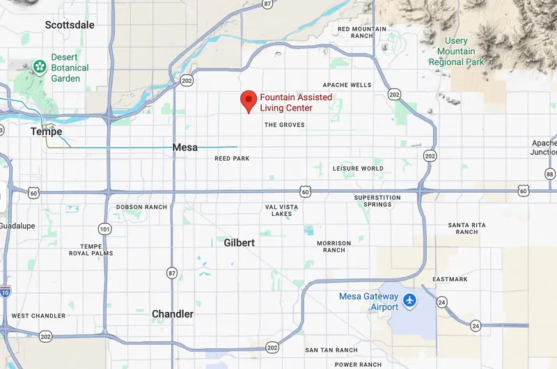 Map showing Fountain Assisted Living in Mesa relative to Apache Junction and the East Valley