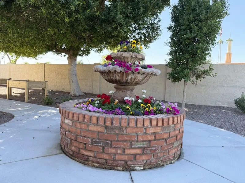 The fountain in the Fountain Assisted Living backyard