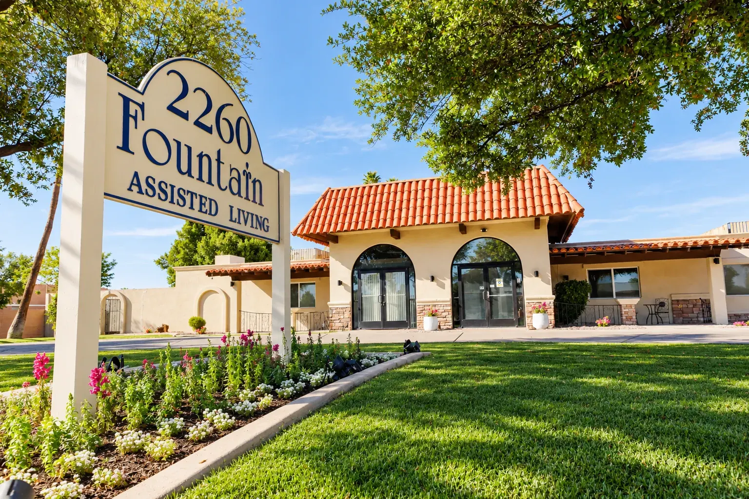 Fountain Assisted Living's front sign and entrance at 2260 E Brown Rd, Mesa